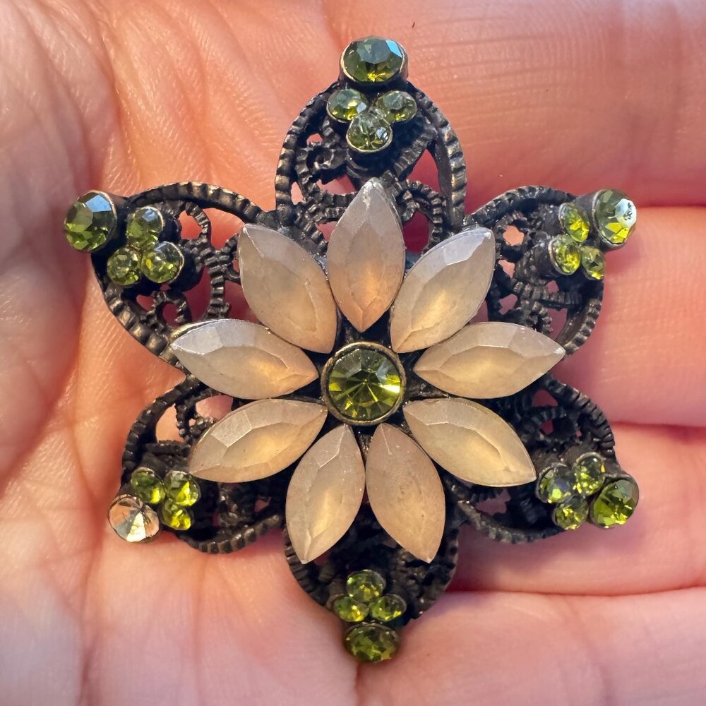 Flower Brooch Green Rhinestone Statement Pin Needs a Stone Replaced